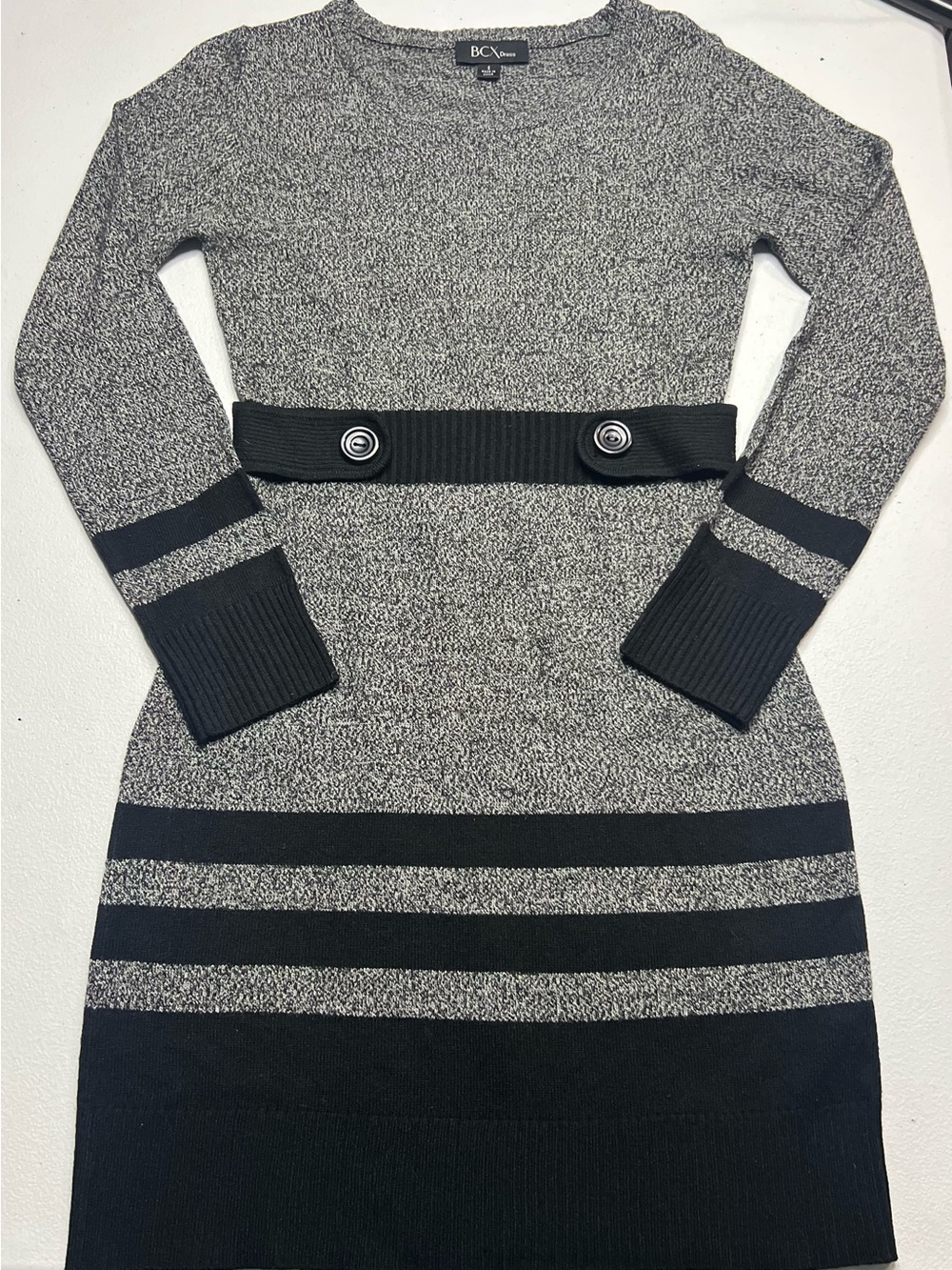 BCX Black and Gray Long Sleeve Knit Belted Dress